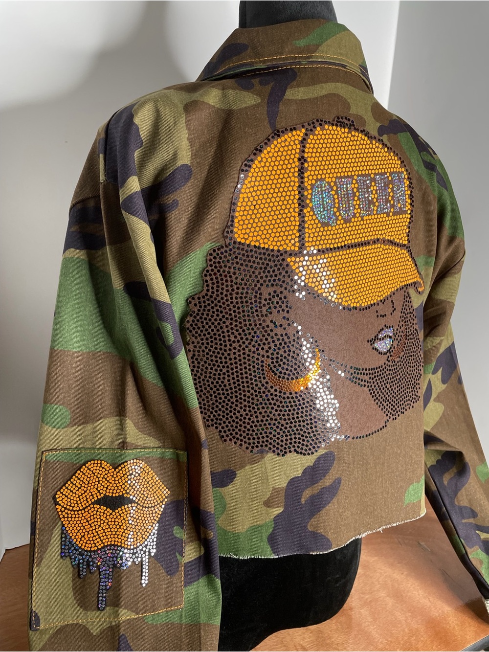 Custom Camo Embellished Patch Cropped Jacket - Green Camo - Picture 6 of 6